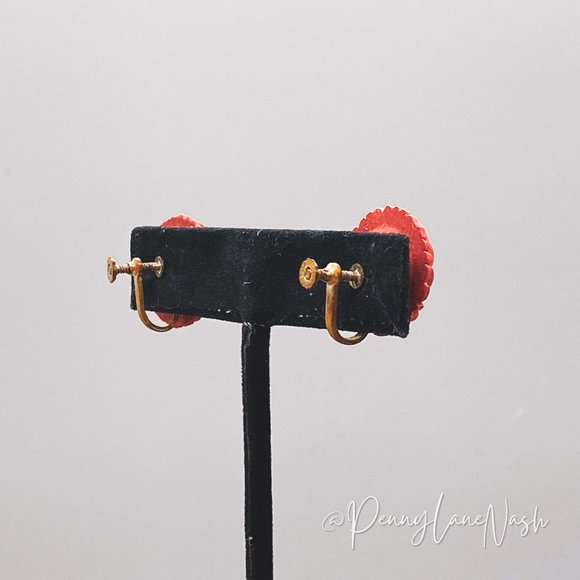 Vintage Etched Red Rose Stud Clip On Earrings - Picture 4 of 7